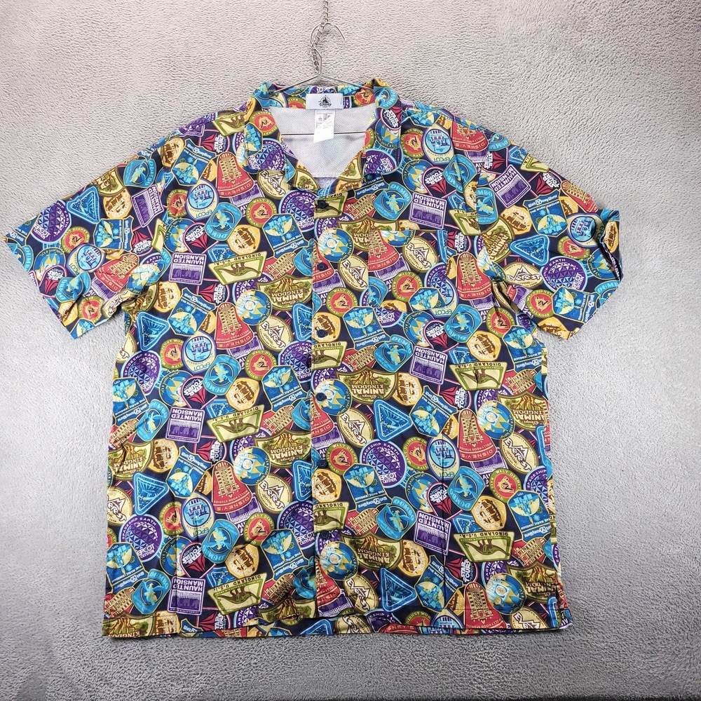 Disney Parks Shirt Mens 3XL Blue Attractions Print Short Sleeve Button Up Casual